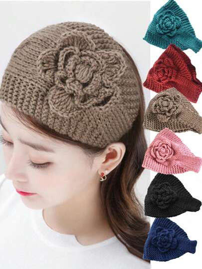 1pc Women's Polyester Knitted Scarf/Headband, Floral Embellished, Warm & Versatile, Elastic, Suitable For Daily Wear