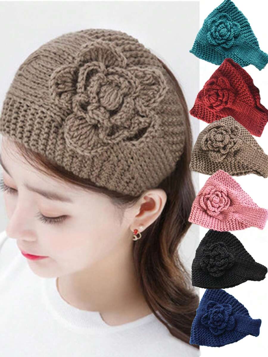 1pc Women's Polyester Knitted Scarf/Headband, Floral Embellished, Warm & Versatile, Elastic, Suitable For Daily Wear