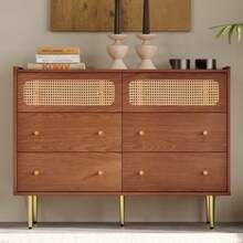 Chest Of Drawers With 6 Drawers, Rattan Sideboard/Highboard For Bedrooms And All Living Areas, Walnut - H90/W120/D40 Cm