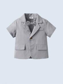 BOARNSEORL 2pcs Young Boys Gentleman Suit - Gray Short Sleeve Blazer With Bow Tie And Gray Shorts, Fashionable, Suitable For Birthday Party, Formal Event, Wedding, Versatile - Grey - View 7