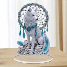 Attrape-rêves bohème blanc loup décoration de bureau acrylique - cadeau artistique thème animal avec plumes et perles pour la chambre, le café, le bureau ou la chambre à coucher - décoration de vacances, décoration d'intérieur bohème