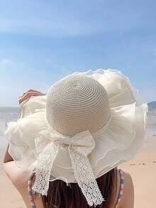 Mũ lưới chống nắng, mũ rơm mùa hè, mũ chống nắng đi biển, mũ polyester thắt nơ, chống gió, chống tia UV, thời trang đa năng, thích hợp cho mùa xuân và mùa hè. - mũ - Xem 6
