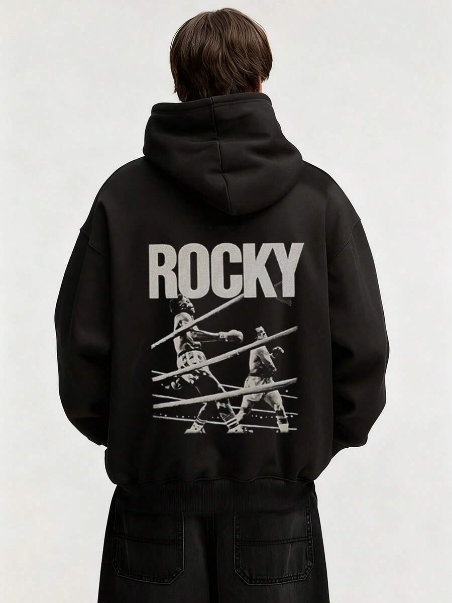 Men's Single Sided Printed Hooded Sweatshirt Rocky Boxing Movie Graphic Print Vintage Sport Style Kangaroo Pockets And Drawstrings Long Sleeves Loose And Casual Thick Fabric Ideal For Gifts In Autumn And Winter High Quality Men's Clothing S To XL - Negro - Ver 1