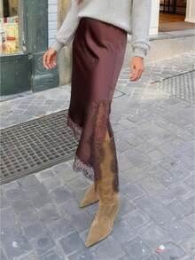 Women Skirt Elastic Waist Lace Patchwork Irregular Hem Side Slit Casual Going Out Skirts - màu nâu - Xem 5