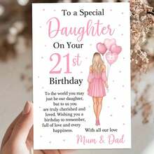 "1pc Heartfelt 'To A Special Daughter On Your 21st Birthday' Greeting Card With Envelope (11cm16cm&4.33in6.29in) - Pink Dress & Heart Balloon Design, Perfect For A Daughter's 21st Milestone, Greeting Card|Daughter 21st Birthday Mum & Dad Love Card|Paper Greeting Card" - Multicolor - View 9