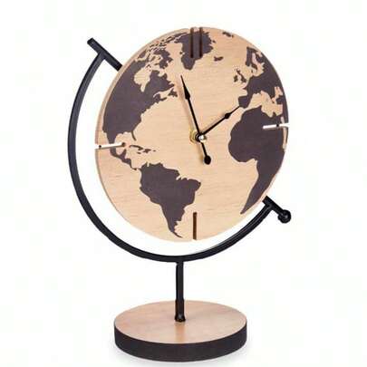 ARISE - Reloj de Mesa Mapamundi Negro en Metal y Madera MDF, 22,5 x 30,5 x 12 cm, Decoración de Escritorio, Oficina y Hogar, Funciona con 1 Pilas AA (No Incluidas)