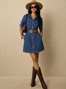 Casual Denim Shirt Dress For Women Short Sleeve Collar Button Front Pockets Belted Short Length Slight Stretch Fabric - Màu xanh lam - Xem 8