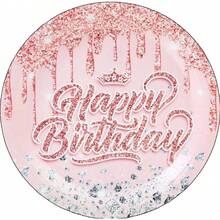 72件套生日派对用品套装，玫瑰金粉色生日皇冠，7/9英寸深蓝金色派对餐盘，苹果蓝金色箔纸一次性餐盘、杯子和餐巾纸，适用于生日、婚礼、派对餐桌 - 彩色 - 查看 8