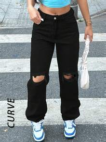 Plus Size Women Y2K Knee Ripped Skinny Straight Tapered Jeans, Mom Jeans Casual Black - Black - View 3