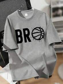 男童“BRO”字母印花圆领短袖T恤，运动休闲款，适合年轻学生，简约时尚的春夏上衣 - 灰色 - 查看 7