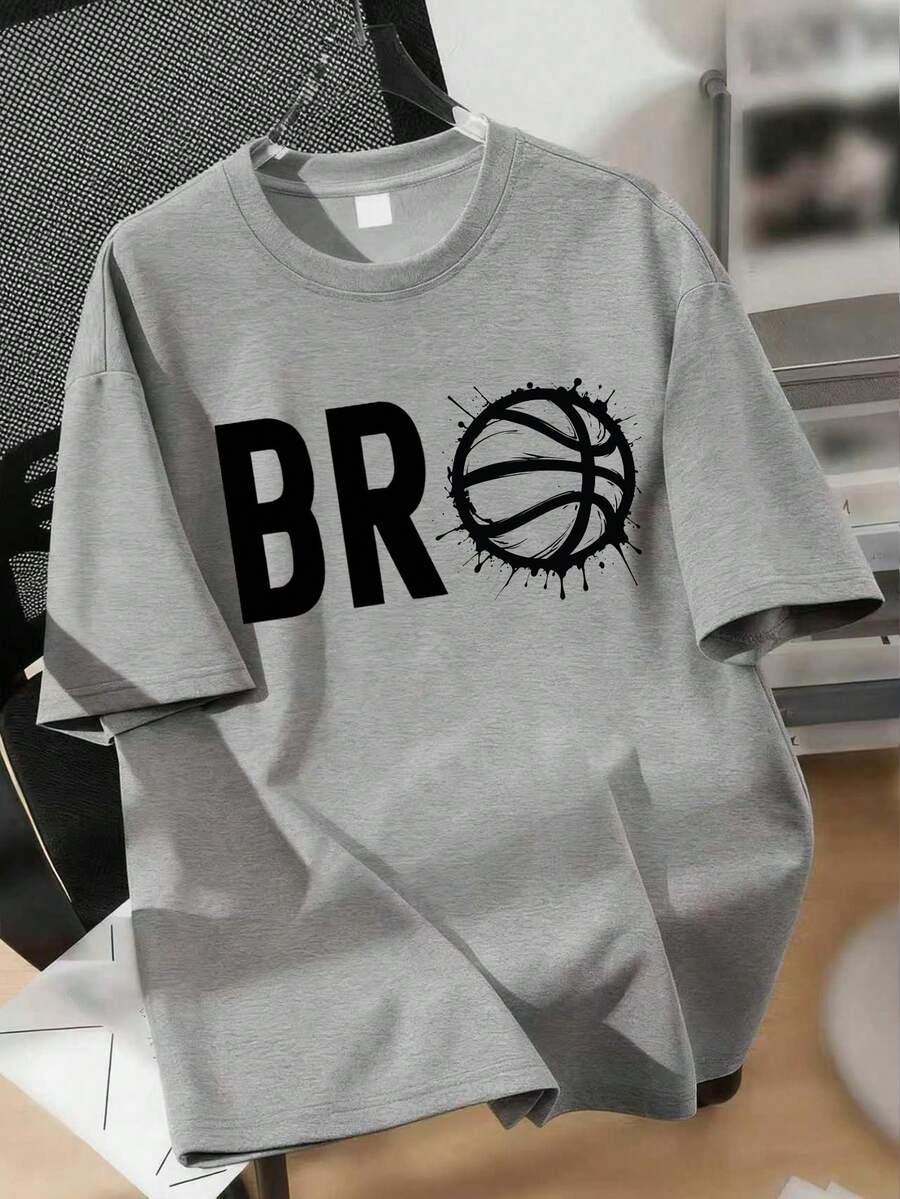 男童“BRO”字母印花圆领短袖T恤，运动休闲款，适合年轻学生，简约时尚的春夏上衣 - 灰色 - 查看 1