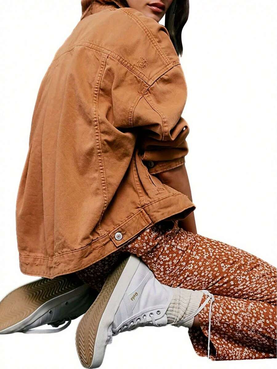 Camel Distressed Oversized Denim Shacket – Vintage Button Down Jacket For Women - màu nâu - Xem 1