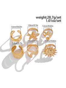 6pcs/Set Vintage Multilayer Stackable Coin Rings, Minimalist Fashion Geometric Pattern, Starfish, Sun, Faux Pearl, Ruffle, Asymmetrical Texture, Hollow Circle Rings, Elegant Retro Design, Suitable For Women's Festivals, Parties, Dates, Gifts And Daily Wear - Yellow Gold - View 8