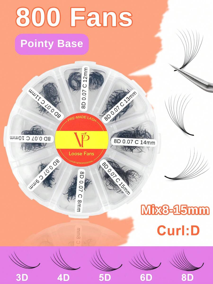 800 Fans D Crul 3D/4D/5D/6D/8D/10D Loose Fan 8-15Mixed Length Pointy Base Premade Fans Sharp Thin Slim Medium Stem Volume Russian Eyelashes Extensions - D - View 1