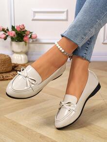 Women's Fashion Round Toe Bow Slip-On Shoes, Comfortable Commuting Versatile Ballet Flat Shoes, Suitable For Spring And Autumn, Plus Size - Apricot - View 4