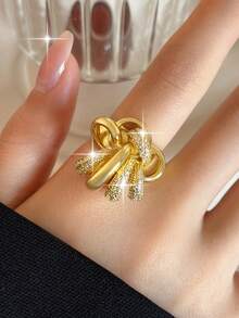 1pc Glamorous Old Money Style Multiple Circles Openable Rings Funky Cubic Zirconia Punk Big Ring For Women Wedding Birthday Dating Party Copper Jewelry Decorative - Yellow Gold - View 3