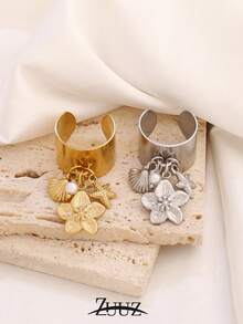 1 件时尚不锈钢塑料圆形珍珠贝壳海星吊坠戒指女士海洋魅力宽开口戒指珠宝礼物适合日常佩戴