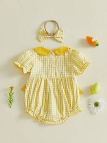Baby Girl Easter Outfits Set , Chick Embroidery Short Sleeve Romper with Headband  Newborn Spring Photo Dress - Amarillo - Ver 2
