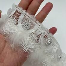 Adorno de encaje peludo de felpa blanca con flores de rosa de perlas falsas bordadas, cinta de encaje para coser y decorar vestidos de novia y ropa, 6 cm de ancho