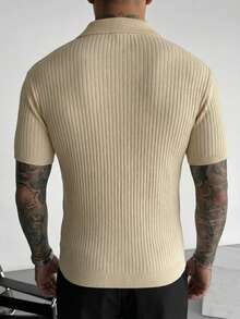 Men's Short Sleeve Knit Sweater, Casual Striped Polo Collar Pullover Knitwear Top, Spring/Autumn - Apricot - View 2
