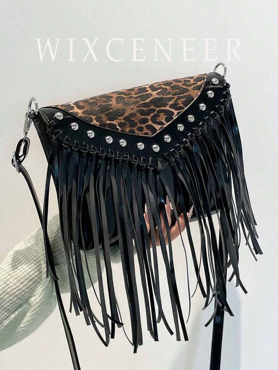 Túi đeo chéo da thời trang cổ điển, túi đeo vai phong cách Boho, túi đeo chéo tua rua đinh tán hình vuông, túi đeo chéo thông thường cho du lịch và hàng ngày, túi đeo chéo công sở di động Hobo Fringe Túi đeo chéo nhỏ