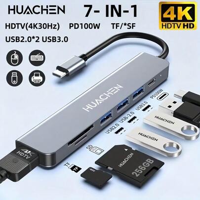 Type-C 7合1扩展坞，支持4K 30Hz高清视频输出，PD100W供电，USB 2.0/3.0接口，SD/TF读卡器，100W输出功率OTG适配器，USB-C多端口适配器，兼容MacBook和Windows笔记本电脑、Android Pro/Max、Pro、iMac、S23等设备。