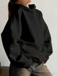 Minimalist Design Women Loose Fit Long Sleeve Pullover Hoodie, Suitable Autumn, Winter, Spring, Halloween Costume, Casual Outerwear, Black, Fashion, Women Sweatshirt - 黑色 - 查看 10