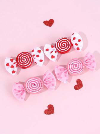 4pcs Valentine's Day Pink And Red Fabric Hair Clips,Candy & Heart Hairpins,Sweet Hair Barrettes For Girls Kids Festival Party Gifts