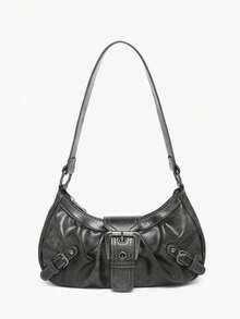 1pc Vintage Milady Softened Distressed Leather Motorcycle Bag With Rivet, Buckle And Folded Cloud Decoration; Suitable For Work, Commute, Dating, And Party - 灰色 - 查看 4
