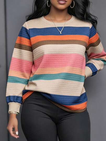 大码女式彩色条纹圆领宽松休闲卫衣