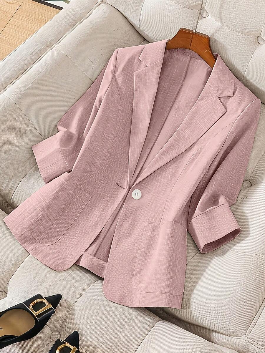 Women's Casual Blazer Jacket - Middle Eastern-Inspired Three-Quarter Sleeve H-Silhouette Light Beige Solid Color,  Machine Washable Single-Breasted Button Front For Spring/Summer Office & Casual Wear,  Sophisticated Texture, Spring Fashion, Elegant Style, Lightweight Fabric, Stylish Outerwear, Summer Wardrobe New Women's Winter Christmas Coat Jacket | Enchantress Style Coat For WomenWomen's A-Line Coat - Minimalist Solid Color, Regular Length, Casual StylePerfect For Daily Outings, Top Choice For Autumn & Winter (1 Piece)Women's Spring Sports & Outdoor Vest Jacket | Women's Sports Jacket - Long Sleeve, Solid ColorMinimalist, Fashionable & Casual For Daily WearWomen's Plaid Vest Jacket | Women's Winter Coatgym Clothes Womenjackets For Womenzip Up Jacketsjacketsjackets For Womenwhite Jacketworkout Topsgymworkoutgym Clothes Womenropa De Invierno Mujer  Perfect Spring-Fall Softness & Comfort  Summer Outfits For Women  Summer Outfits Ropa Deportiva  Spring & Fall Women's Apparel - Pink - View 1