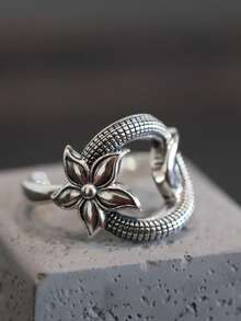 2 Peças Anel de Flor Punk Vintage para Mulheres, Novo Presente de Joias de Festa de Aniversário Artesanal Geométrico Oco e Criativo de Moda - Prata - Visão 3