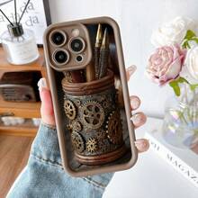 Cubierta de teléfono con diseño de tintero steampunk marrón con engranajes metálicos y plumas para escritorio elegante y creativo - Negro - Ver 5