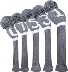 Scott Edward Juego de 5 cubiertas de punto para palos de golf con pompón, para proteger la madera del conductor (460 cc), 1 Fairway Wood2 e híbrido\/UT2 con etiquetas giratorias de número de club - negro - Ver 1