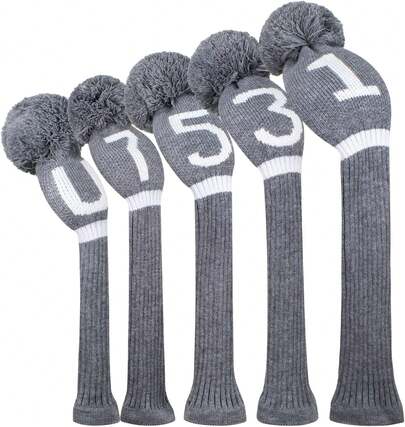 Scott Edward Juego de 5 cubiertas de punto para palos de golf con pompón, para proteger la madera del conductor (460 cc), 1 Fairway Wood2 e híbrido\/UT2 con etiquetas giratorias de número de club