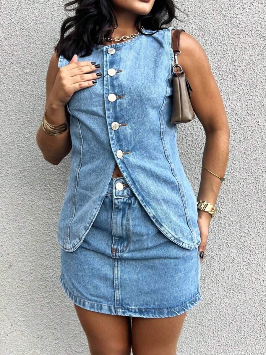 Kissmelady 164 Denim Set, Cropped Top And Shorts. Women's Summer Set, Shorts. - Rửa trung bình - Xem 1