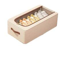 1 pieza Caja de almacenamiento debajo de la cama de gran capacidad de lino, caja de almacenamiento de tela de lino multifuncional para ropa, caja de almacenamiento plegable con tapa, caja de almacenamiento de zapatos, caja de almacenamiento para el hogar, con estructura de acero para mayor estabilidad, caja de almacenamiento ahorradora de espacio con ventana transparente, adecuada para armario, debajo de la cama, parte superior del gabinete, dormitorio, decoración de la habitación, Día de San Valentín, Pascua - Caqui - Ver 12