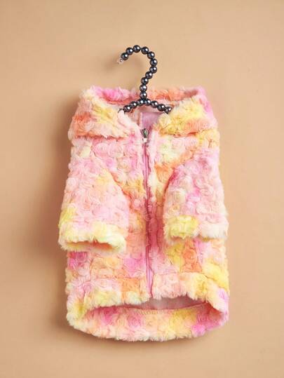 1pc Gradient Floral Plush Hooded Sweatshirt Coat, Soft & Warm Autumn/Winter Pet Apparel For Small/Medium Dogs Like Poodle & Schnauzer, Multiple Colors Available