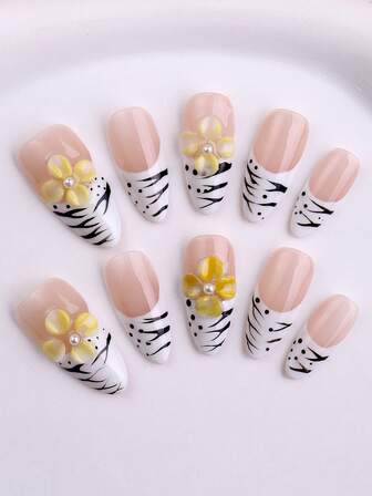 10個セット ハンドメイド グラデーション ホワイト プレスオンネイル ミディアム アーモンド型 フレンチネイル 3Dレジン フラワー ゼブラ柄 取り外し可能 フェイクネイル ネイルアート パーティー ダンス 日常着 学生パーティー コスプレ プレスオン 再利用可能 ジェル接着剤 ネイルファイル DIYネイル用品付き