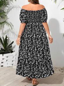 Vestido con hombros descubiertos, vestidos de talla grande para mujer,fruncido y abertura floral en estampado - Azul marino - Ver 7