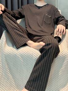 2pcs Men's Plaid Casual Loose Minimalist Pajama Set, Long Sleeve Top And Pants, Breathable Moisture-Wicking Sleepwear Set, Autumn/Winter