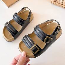 1 par de sandalias planas de moda para niños, ligeras, sencillas, cómodas y versátiles, sandalias de niños/niñas con punta abierta - Negro - Ver 12