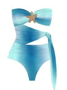 Costum de baie tip bandeau pentru femei, de vară, albastru degradat, cu model de stea de mare, design lateral scobit, costum de baie sexy, model mulat, pentru petreceri pe plajă