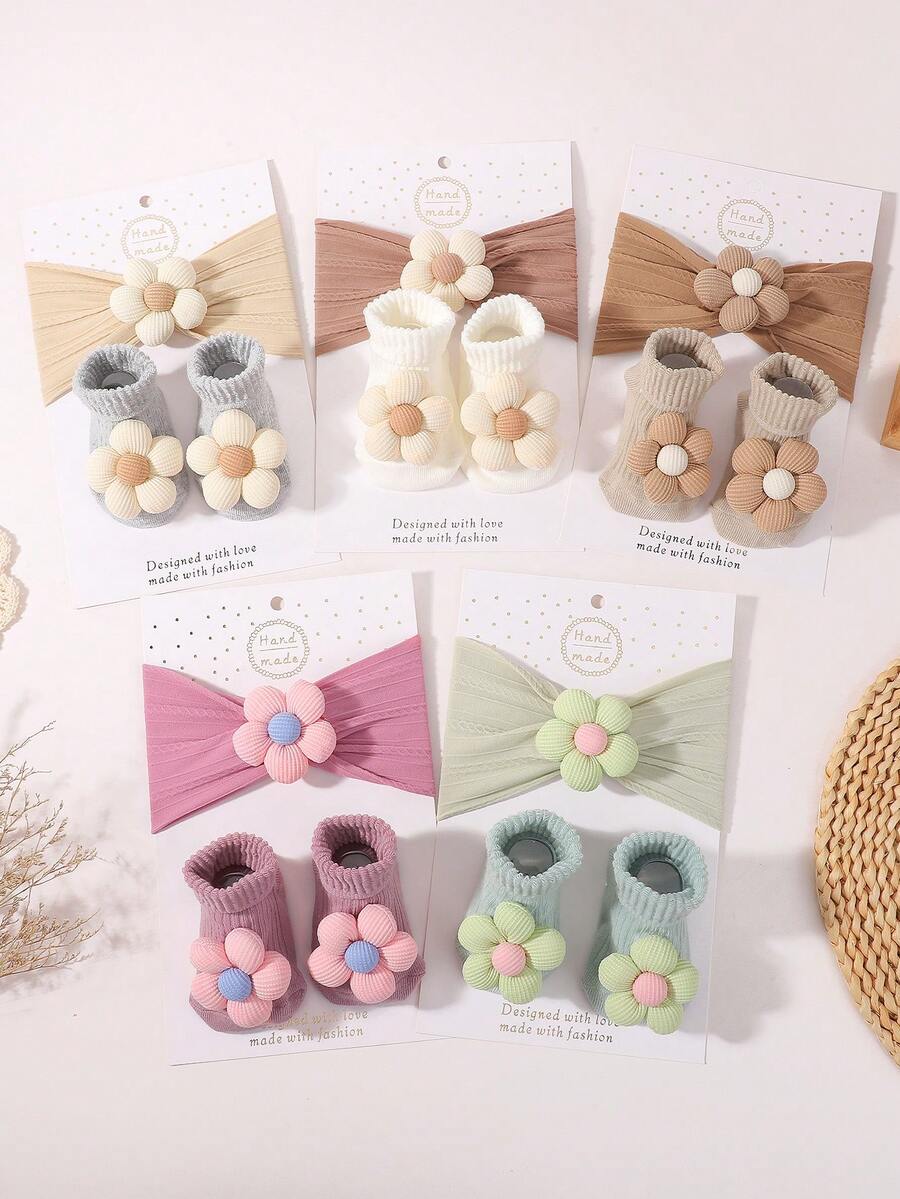 1 Set Baby Headband & Socks, 3D Five-Petal Flower Design, Solid Color, Stretchy Soft Comfortable Cute Infant Accessories - 彩色 - 查看 1