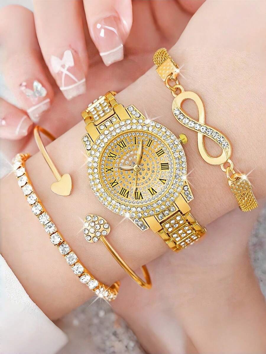 4件套女士时尚休闲石英表，罗马数字表盘，水钻点缀，圆形指针，包含珠宝配件和8字形手链，适合作为母亲节、教师节、感恩节、毕业典礼、生日礼物 - 彩色 - 查看 1
