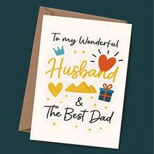 一张独一无二的情人节贺卡，“致我伟大的丈夫和最好的爸爸”——浪漫卡通设计，饰有爱心、皇冠和礼物图案，完美适用于周年纪念日、生日、父亲节/情人节——高级贺卡，附信封。(12x17厘米)/(4.72x6.7英寸) - 彩色 - 查看 5