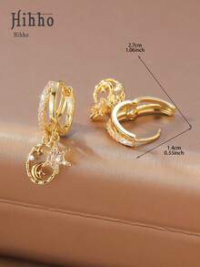 Hihho 2pcs Asymmetric Sun, Moon & Star Earrings, Romantic Cosmic Style, Available In Gold & Silver Colors, Double-Layer Hoop + Sun, Moon & Star Pendant Asymmetric Design, Combining Romantic Mysterious Vibe And Sparkling Texture, Suitable For Sweet & Retro Chic Outfits - Sun, Moon, and Stars - View 6