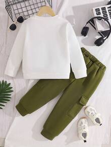 Conjunto de 2 piezas de ropa con estampado de letras y gráficos para niños pequeños. Estilo casual de ropa de calle, otoño/invierno - Verde - Ver 2