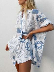 Nouveau style printemps/été vacances Ensemble 2 pièces avec blouse à col V à manches courtes imprimé océan + shorts à taille élastique imprimés, ambiance décontractée pour les vacances - Bleu et Blanc - Voir 3