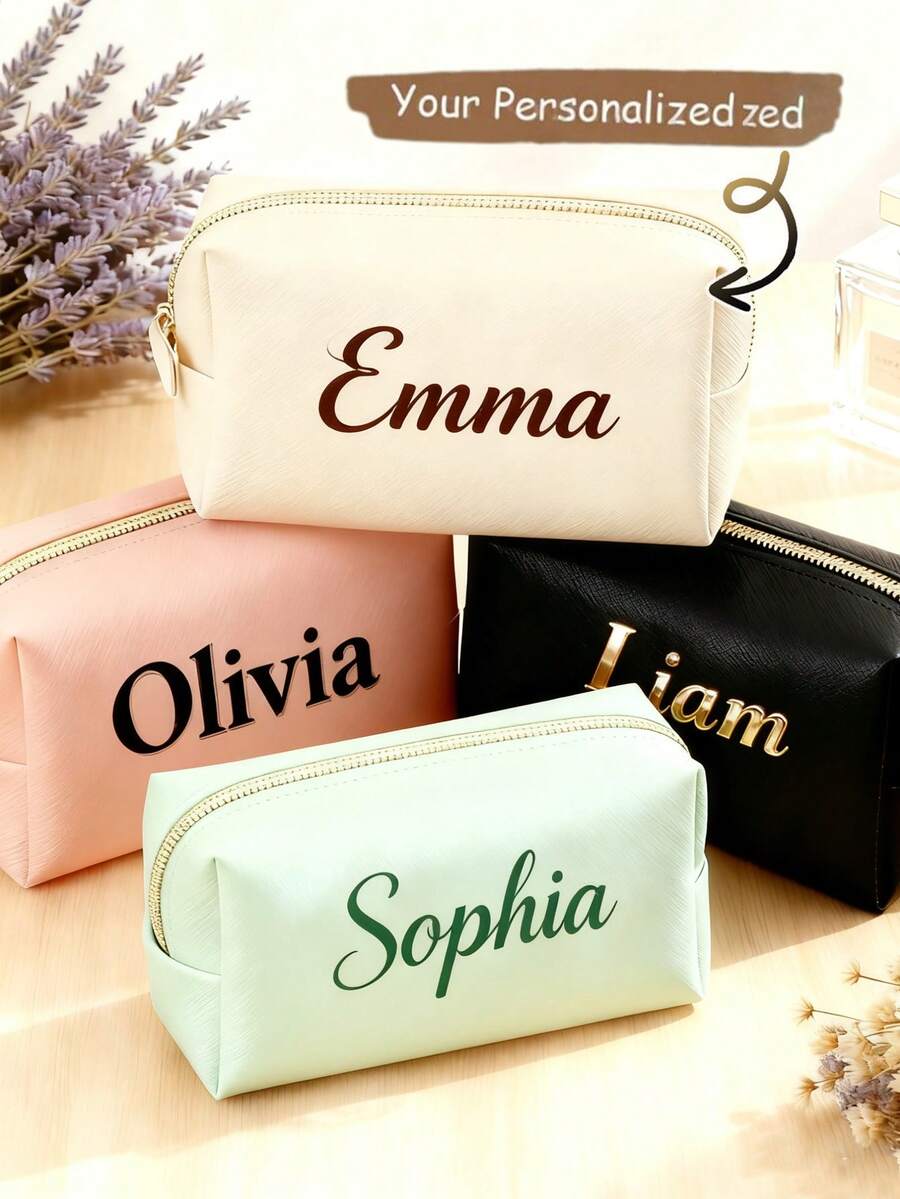 Customized Name Makeup Bag Personalized Letter Cosmetic Bag Sanitary Napkin Storage Bag Travel Leather Toiletry Bag Bridesmaid Birthday Gift Bridal Party Favor Bachelorette Party Favor Large Capacity Multi-Functional Storage Bag For Women - Multicolor - View 1